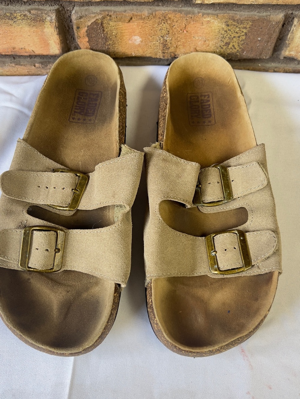 Faded Glory Tan Double-Buckle Suede Slide Sandals